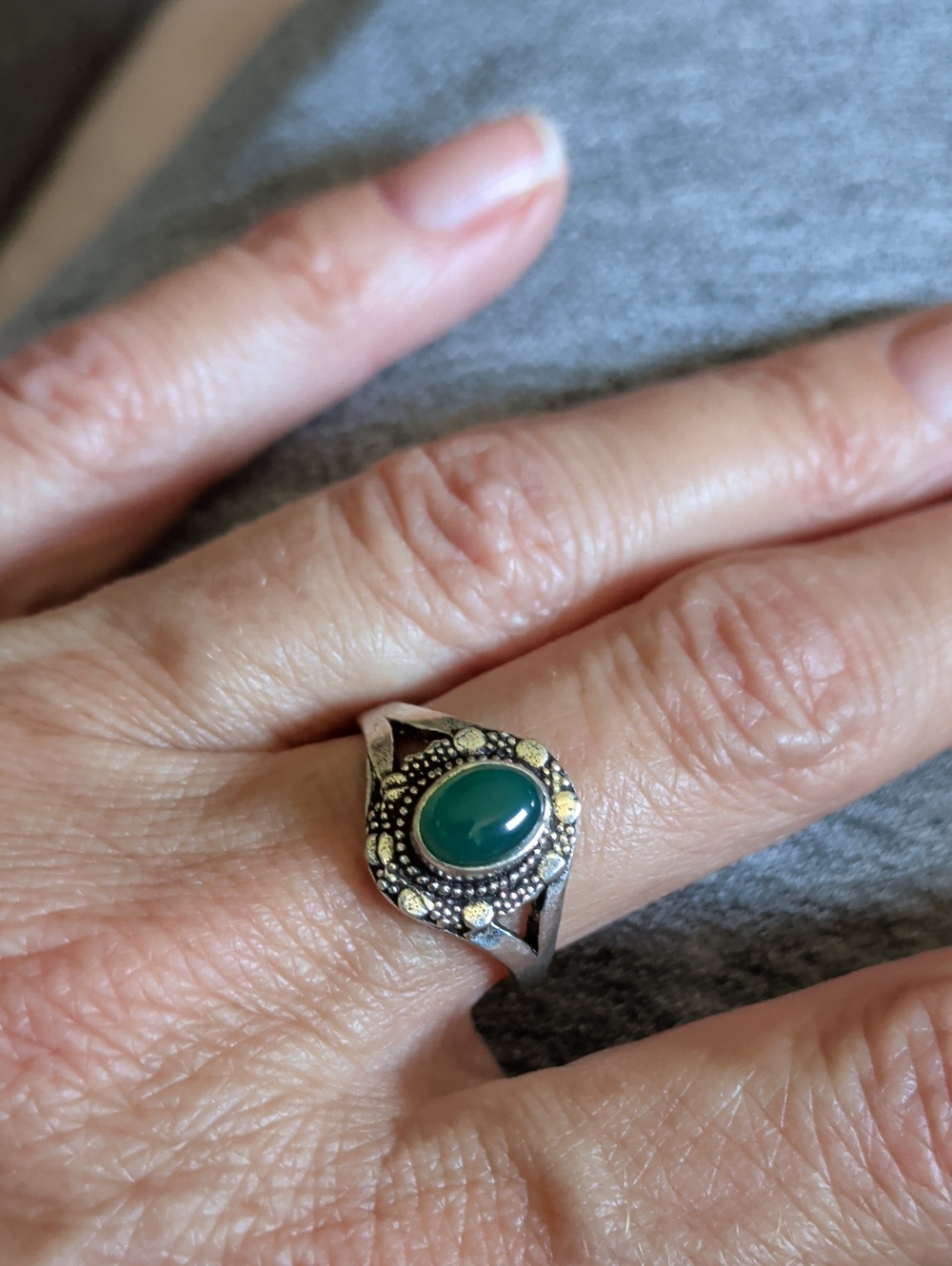 Silver Green Onyx Vintage-Style Statement Ring